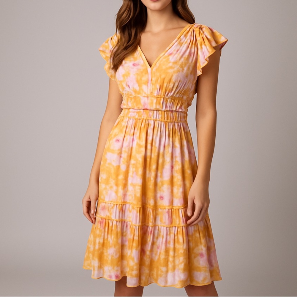 Yellow Tie-Dye Flutter Sleeve Dress